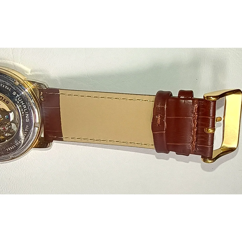 Stuhrling Delphi Oracle 107BG Automatic 44mm Skeleton Watch Gold toned Leather - Picture 15 of 16